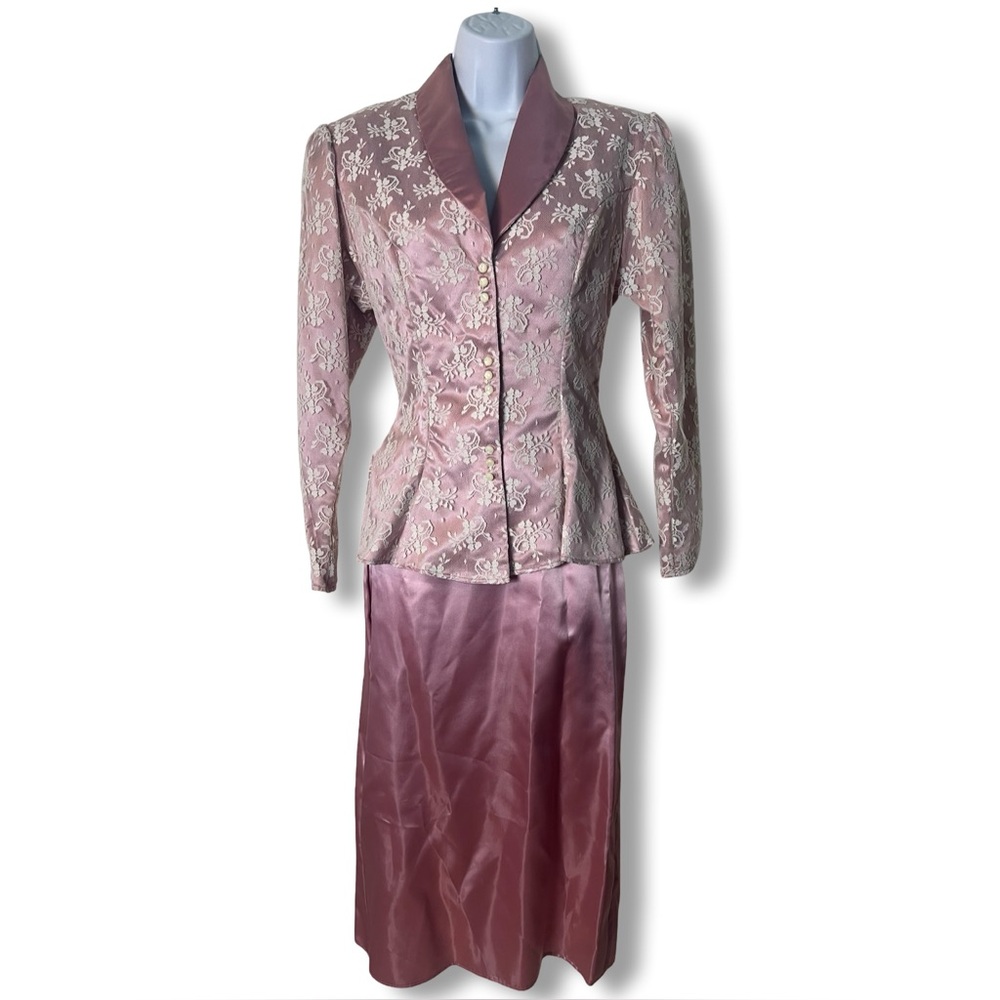 Vtg 80s Gunne Sax Jessica‎ McClintock Lace Peplum Jacket Satin Skirt Set Sz 3/5